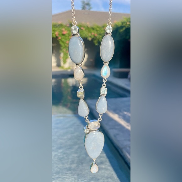 Artist Made Natural Blue Opal Moonstone Blue Topaz; Set In Sterling Silver